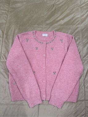 Fate Pink Jeweled Crewneck Button-Front Cardigan